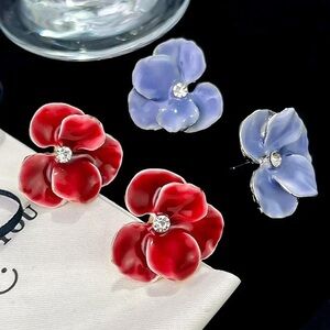 Anthro Red Blue Enamel Pansy Flower Stud Earrings Women Five Petals Crystal Pin